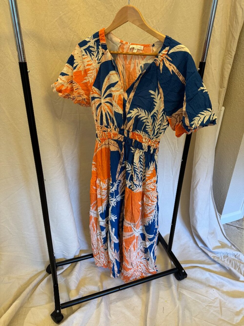 FIG‎ + FLOWER Women Dress Tropical Leaf Print Smocked Orange Boho Resort size S
